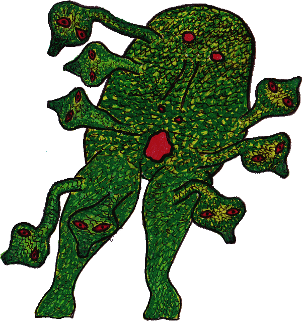 Une créature fantastique entre la gorgone et l'abomination avec des écailles vertes.