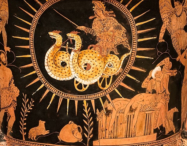 Peinture Médée sur son char de feu tiré par des serpents, de Policoro au Cleveland Museum of Art.