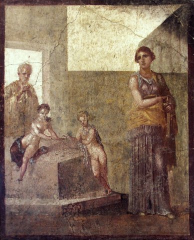 Médée attristée sur le point de perdre ses enfants, fresque du peintre grec Timomaque de Byzance entre 62 et 79 après J.C., Musée National Archéologique de Naples.