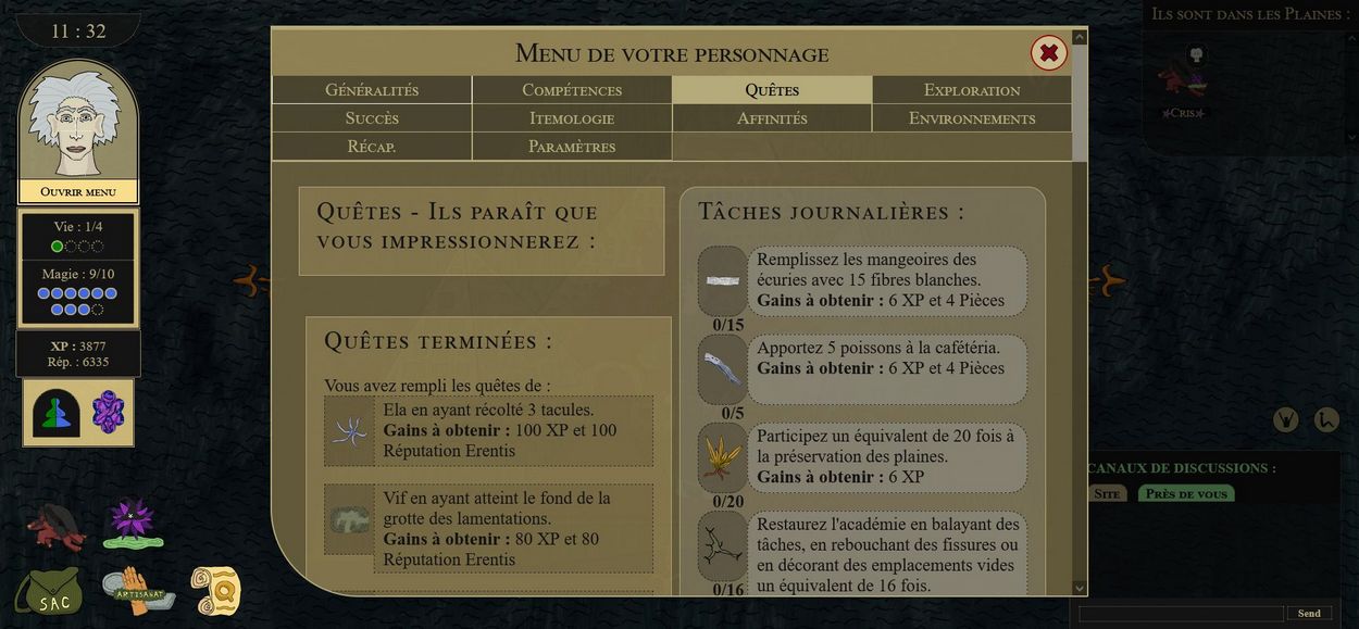 Tâches journalières pour progression dans Erentis
